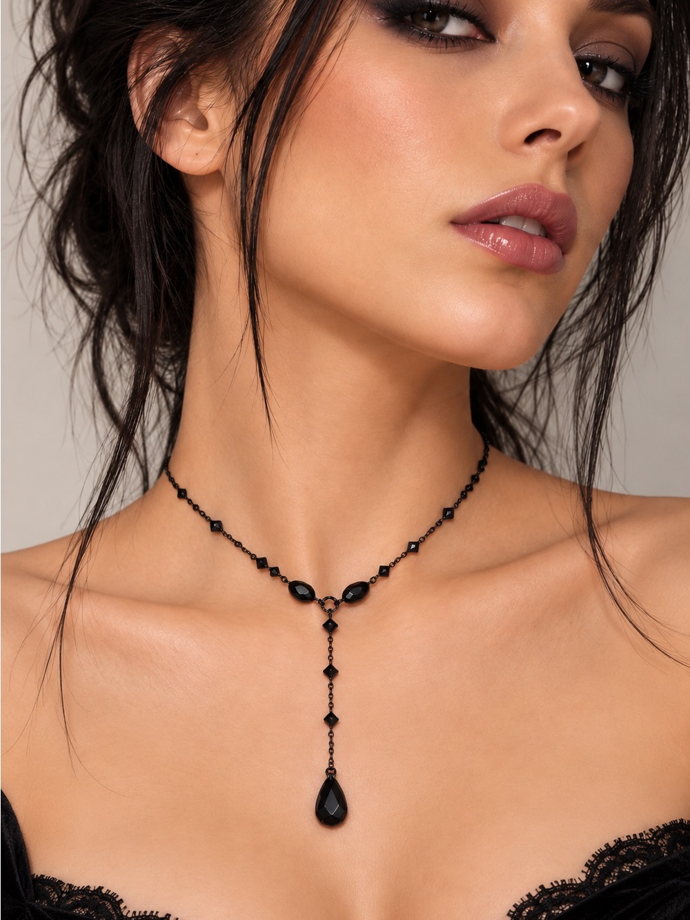 Black Teardrop Dangle Y-Choker Necklace - Women Jewelry